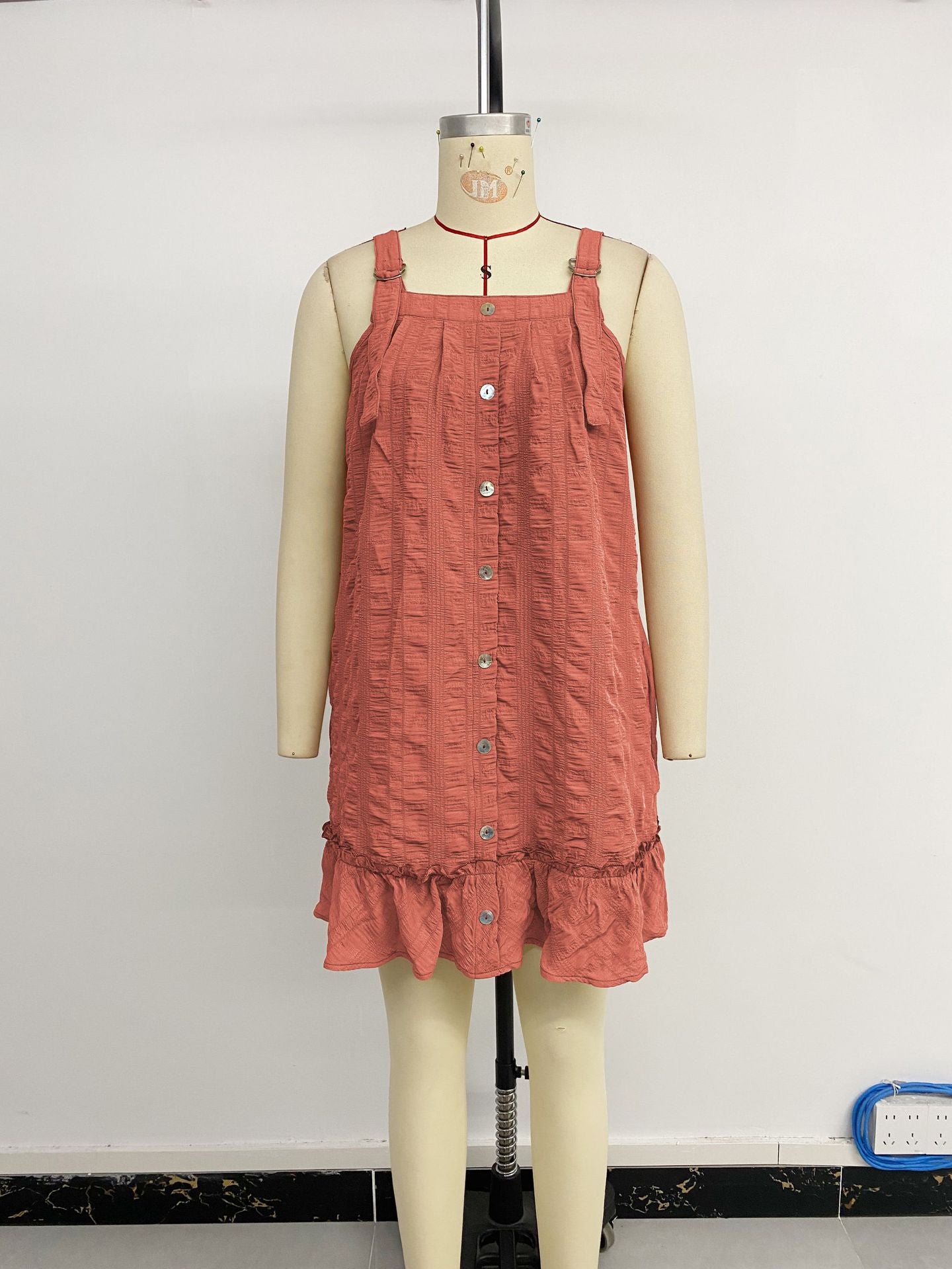 Women's Adjustable Spaghetti Strap Textured Mini Dress Summer Square Neck Sleeveless Button A Line Party Dress - Seldom Seen Styles