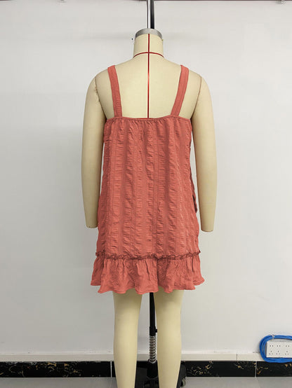 Women's Adjustable Spaghetti Strap Textured Mini Dress Summer Square Neck Sleeveless Button A Line Party Dress - Seldom Seen Styles