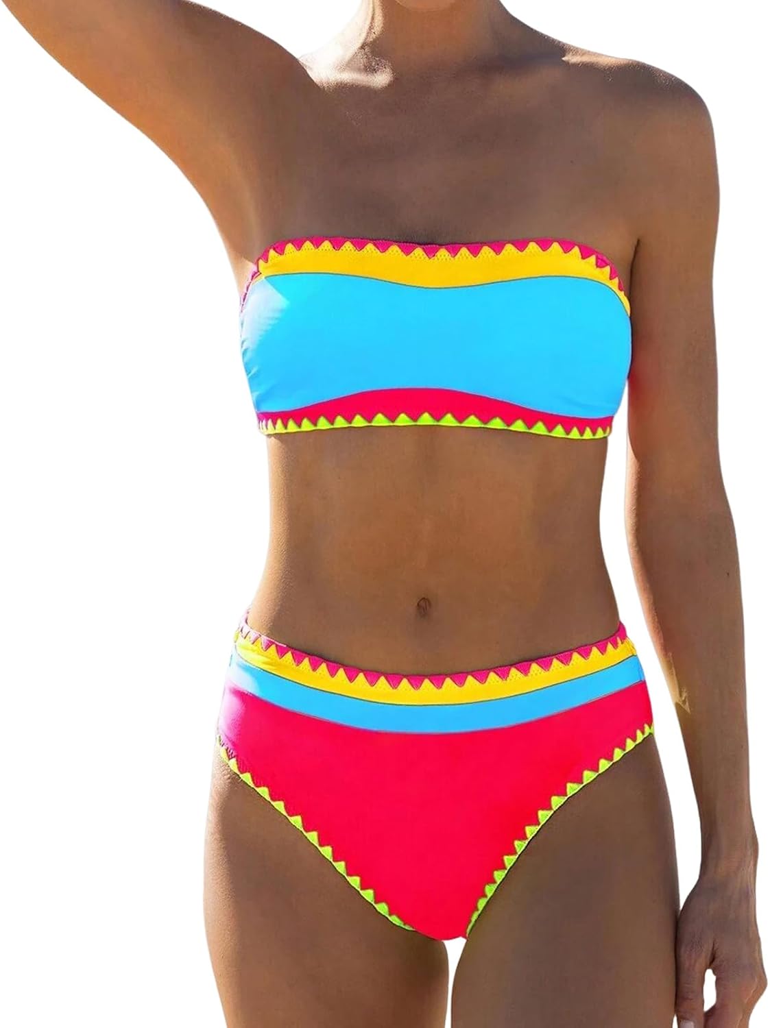 Women's Bandeau Bikini Strapless Bikini Neon Color Block Two Piece Whip Stitch Trim Bathing Suits - Seldom Seen Styles