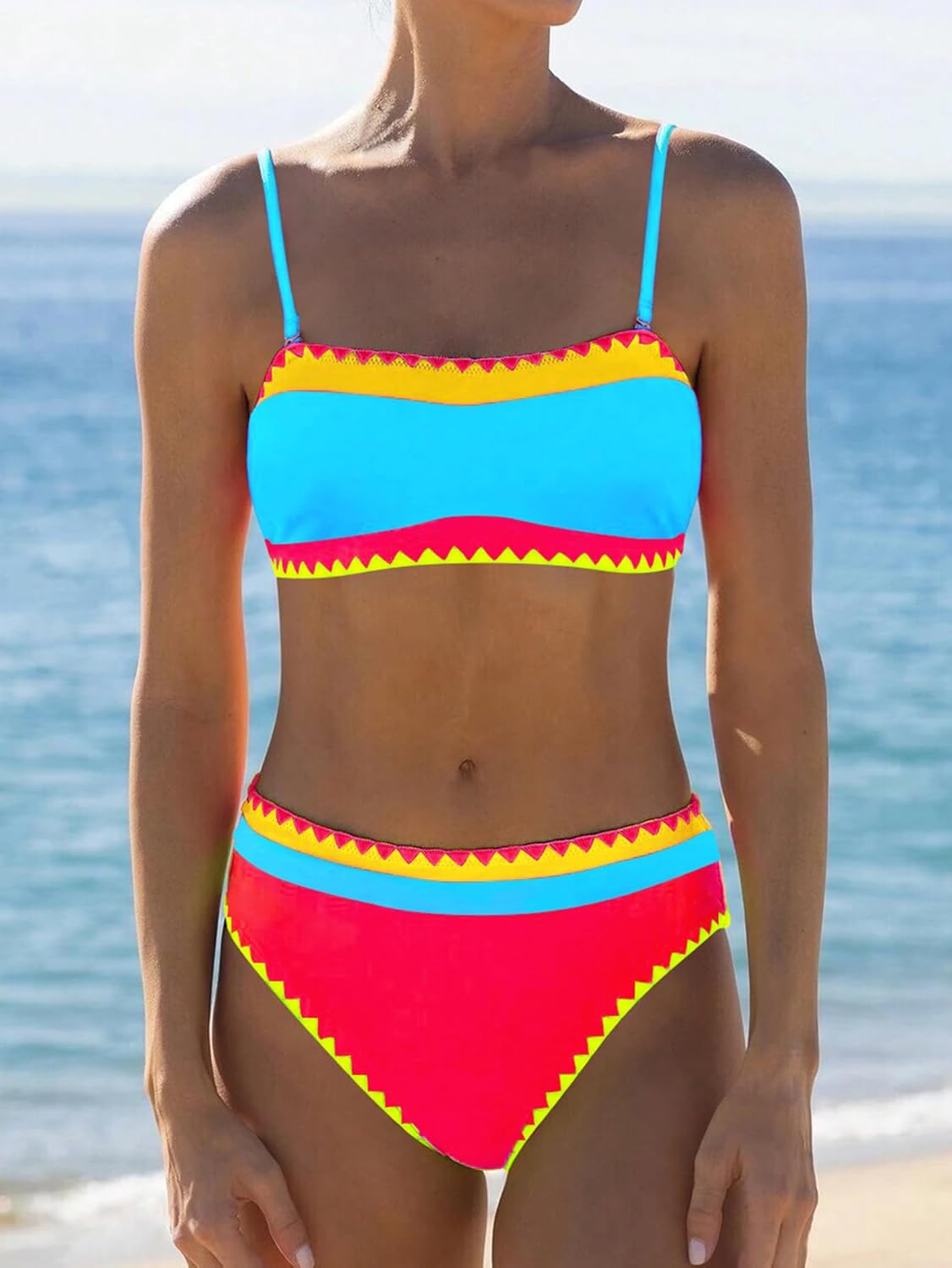 Women's Bandeau Bikini Strapless Bikini Neon Color Block Two Piece Whip Stitch Trim Bathing Suits - Seldom Seen Styles