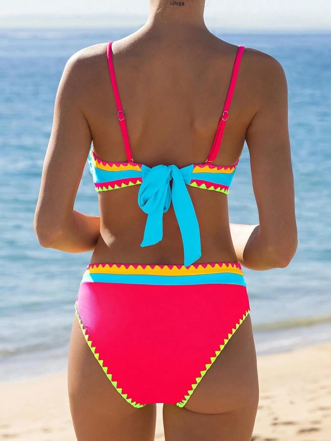Women's Bandeau Bikini Strapless Bikini Neon Color Block Two Piece Whip Stitch Trim Bathing Suits - Seldom Seen Styles