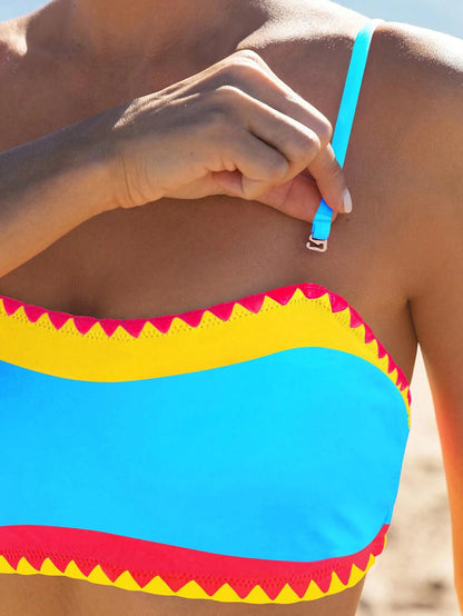 Women's Bandeau Bikini Strapless Bikini Neon Color Block Two Piece Whip Stitch Trim Bathing Suits - Seldom Seen Styles