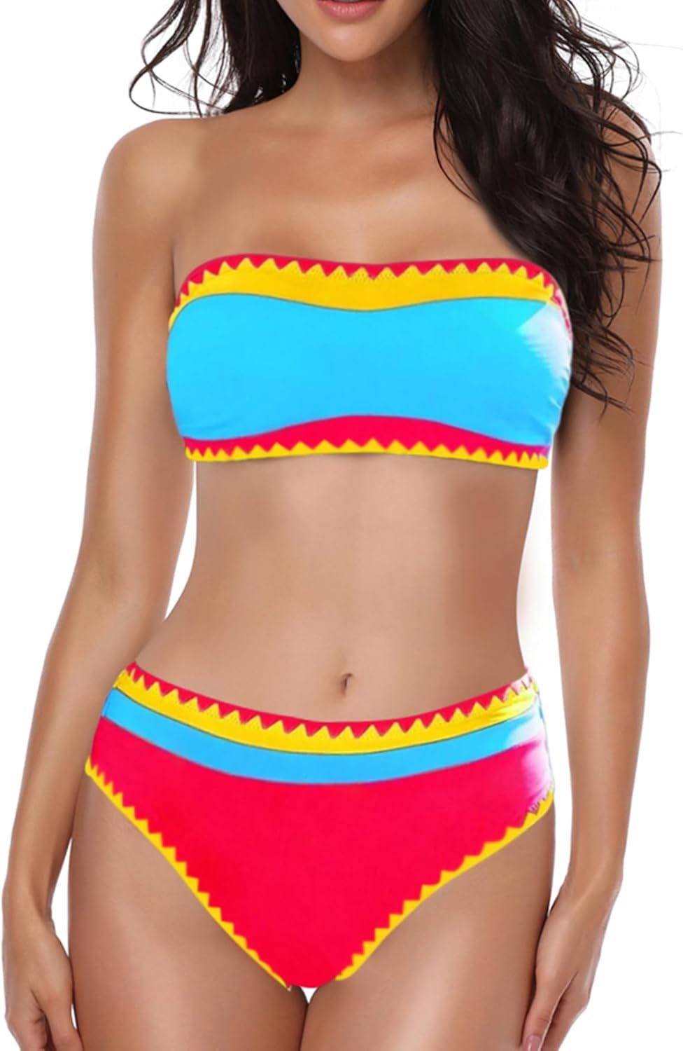 Women's Bandeau Bikini Strapless Bikini Neon Color Block Two Piece Whip Stitch Trim Bathing Suits - Seldom Seen Styles