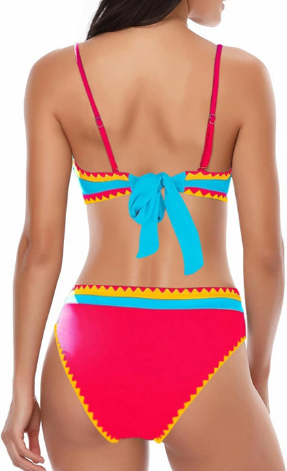 Women's Bandeau Bikini Strapless Bikini Neon Color Block Two Piece Whip Stitch Trim Bathing Suits - Seldom Seen Styles