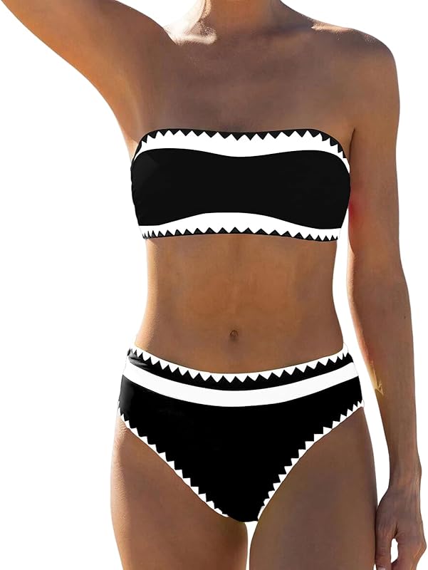 Women's Bandeau Bikini Strapless Bikini Neon Color Block Two Piece Whip Stitch Trim Bathing Suits - Seldom Seen Styles