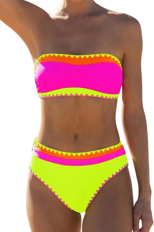 Women's Bandeau Bikini Strapless Bikini Neon Color Block Two Piece Whip Stitch Trim Bathing Suits - Seldom Seen Styles