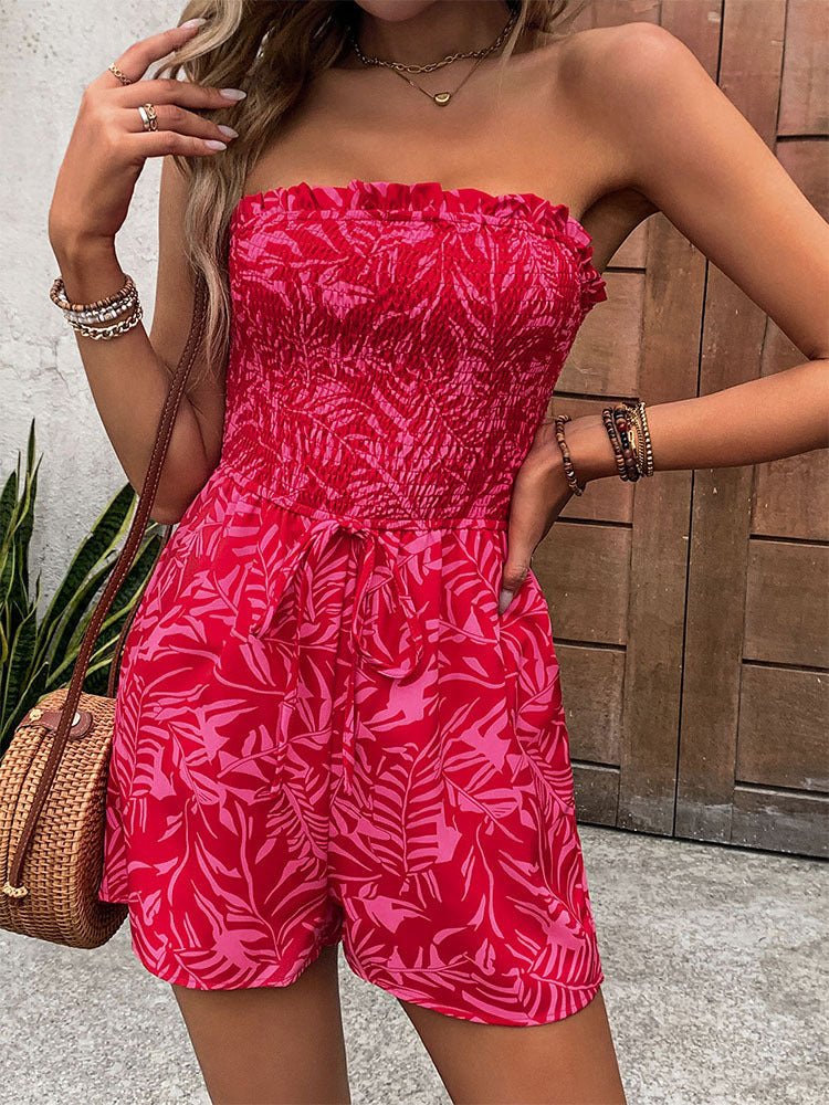 Women's Beach Vacation Clothes Summer Tube Top Romper Floral Strapless Wide Leg Jumpsuit - Seldom Seen Styles