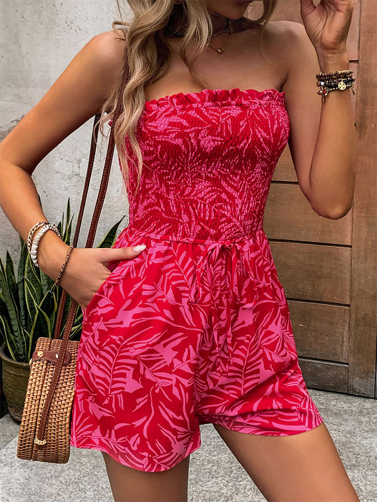 Women's Beach Vacation Clothes Summer Tube Top Romper Floral Strapless Wide Leg Jumpsuit - Seldom Seen Styles