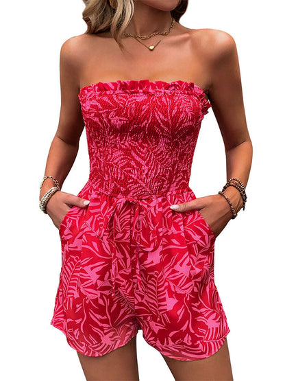 Women's Beach Vacation Clothes Summer Tube Top Romper Floral Strapless Wide Leg Jumpsuit - Seldom Seen Styles