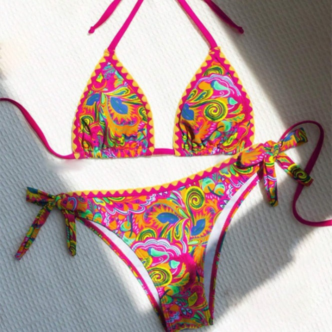 Women's Bikini Sets 2 Piece Halter Triangle Allover Print Swimsuit Set Boho Knot Side Bathing Suit Set - Seldom Seen Styles