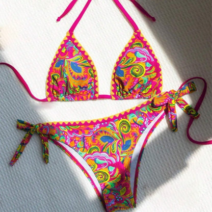 Women's Bikini Sets 2 Piece Halter Triangle Allover Print Swimsuit Set Boho Knot Side Bathing Suit Set - Seldom Seen Styles