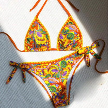 Women's Bikini Sets 2 Piece Halter Triangle Allover Print Swimsuit Set Boho Knot Side Bathing Suit Set - Seldom Seen Styles