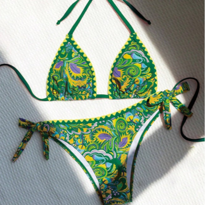 Women's Bikini Sets 2 Piece Halter Triangle Allover Print Swimsuit Set Boho Knot Side Bathing Suit Set - Seldom Seen Styles