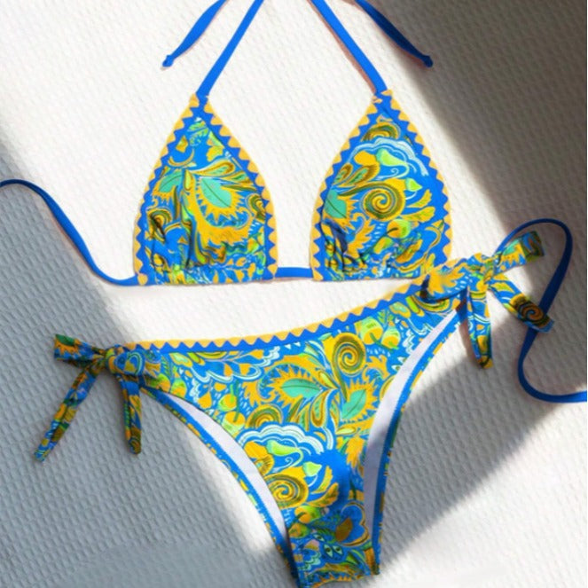 Women's Bikini Sets 2 Piece Halter Triangle Allover Print Swimsuit Set Boho Knot Side Bathing Suit Set - Seldom Seen Styles
