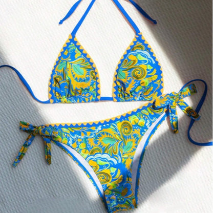 Women's Bikini Sets 2 Piece Halter Triangle Allover Print Swimsuit Set Boho Knot Side Bathing Suit Set - Seldom Seen Styles
