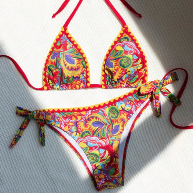 Women's Bikini Sets 2 Piece Halter Triangle Allover Print Swimsuit Set Boho Knot Side Bathing Suit Set - Seldom Seen Styles