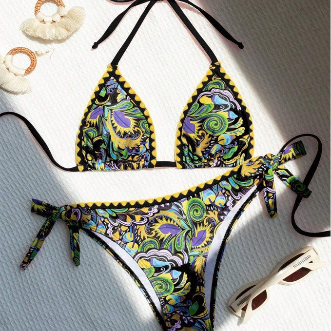 Women's Bikini Sets 2 Piece Halter Triangle Allover Print Swimsuit Set Boho Knot Side Bathing Suit Set - Seldom Seen Styles
