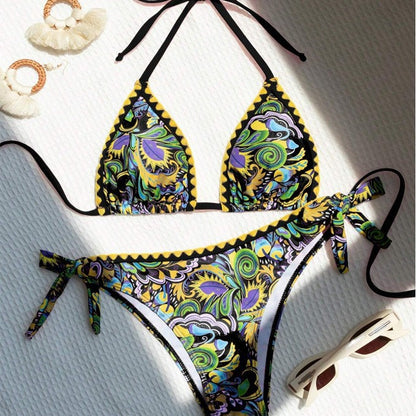 Women's Bikini Sets 2 Piece Halter Triangle Allover Print Swimsuit Set Boho Knot Side Bathing Suit Set - Seldom Seen Styles