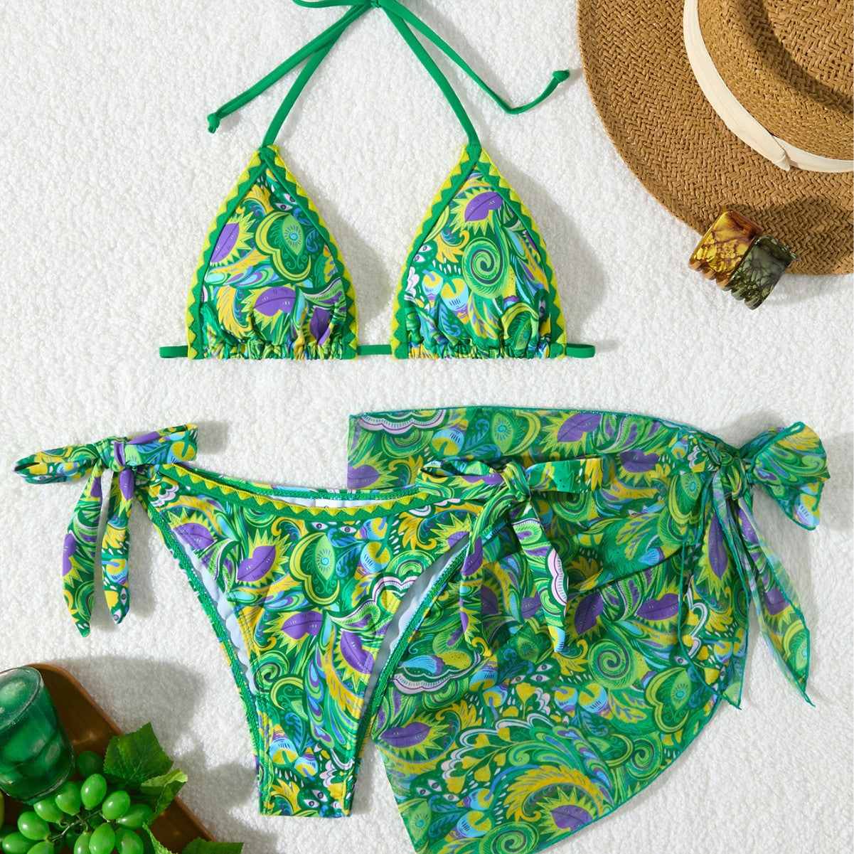 Women's Bikini Sets 2 Piece Halter Triangle Allover Print Swimsuit Set Boho Knot Side Bathing Suit Set - Seldom Seen Styles