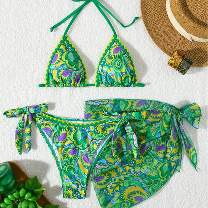 Women's Bikini Sets 2 Piece Halter Triangle Allover Print Swimsuit Set Boho Knot Side Bathing Suit Set - Seldom Seen Styles