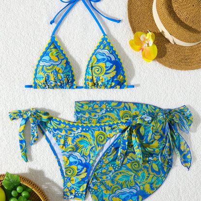 Women's Bikini Sets 2 Piece Halter Triangle Allover Print Swimsuit Set Boho Knot Side Bathing Suit Set - Seldom Seen Styles