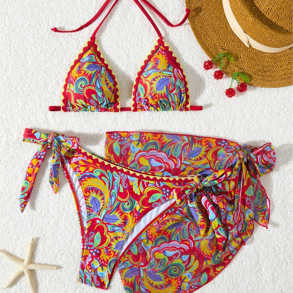 Women's Bikini Sets 2 Piece Halter Triangle Allover Print Swimsuit Set Boho Knot Side Bathing Suit Set - Seldom Seen Styles