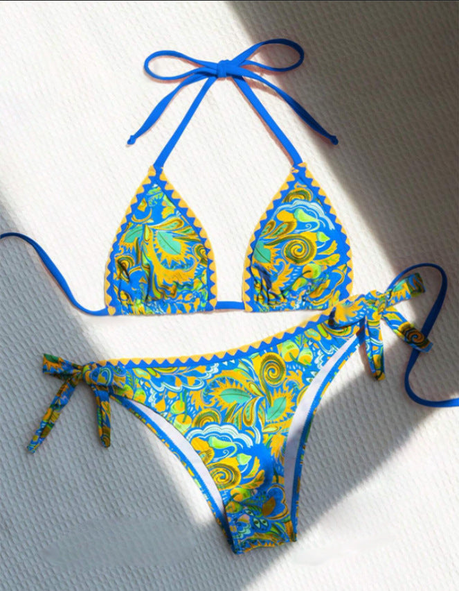 Women's Bikini Sets 2 Piece Halter Triangle Allover Print Swimsuit Set Boho Knot Side Bathing Suit Set - Seldom Seen Styles