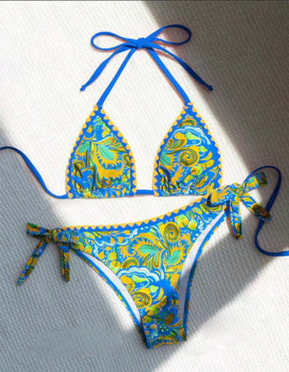 Women's Bikini Sets 2 Piece Halter Triangle Allover Print Swimsuit Set Boho Knot Side Bathing Suit Set - Seldom Seen Styles