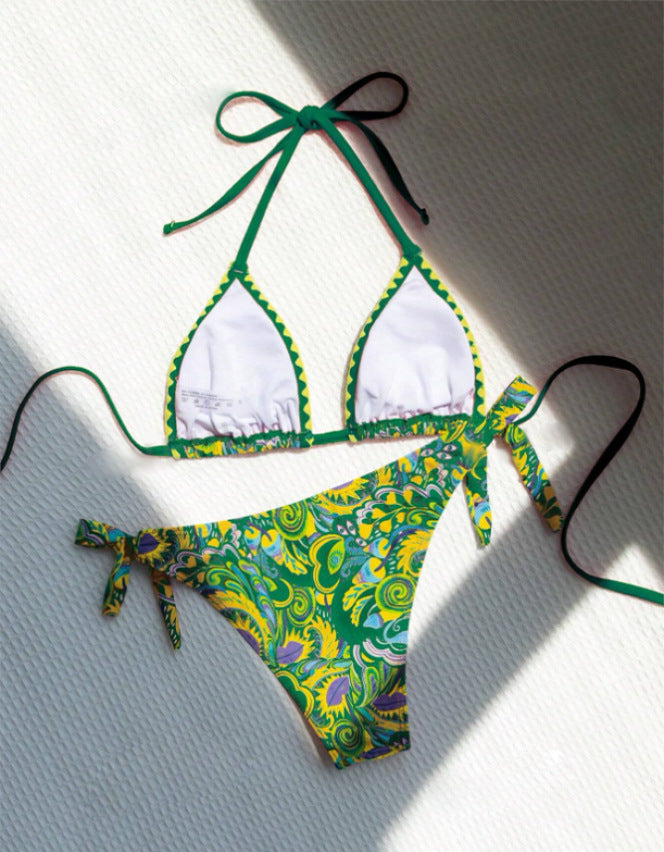 Women's Bikini Sets 2 Piece Halter Triangle Allover Print Swimsuit Set Boho Knot Side Bathing Suit Set - Seldom Seen Styles