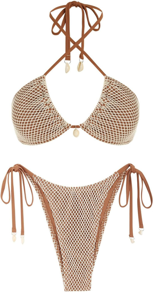 Women's Bikini Sets Halter Fishnet Shell Decorated Two Piece Swimsuit Sexy Side Tie Thong Bandeau Bathing Suits - Seldom Seen Styles
