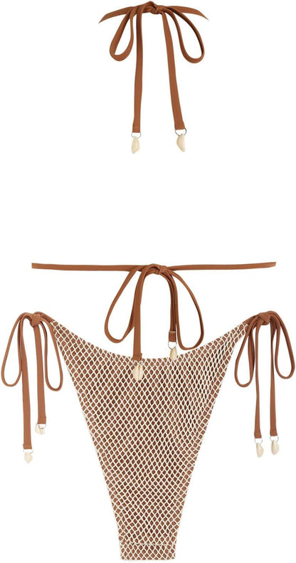 Women's Bikini Sets Halter Fishnet Shell Decorated Two Piece Swimsuit Sexy Side Tie Thong Bandeau Bathing Suits - Seldom Seen Styles
