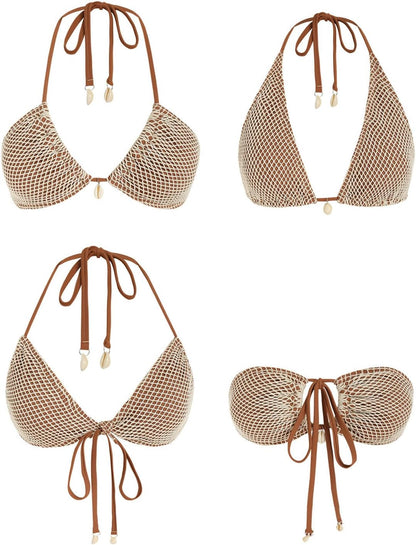 Women's Bikini Sets Halter Fishnet Shell Decorated Two Piece Swimsuit Sexy Side Tie Thong Bandeau Bathing Suits - Seldom Seen Styles