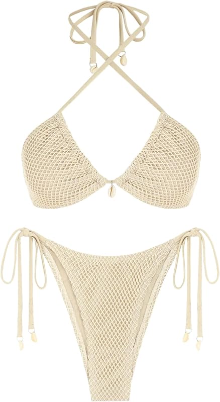 Women's Bikini Sets Halter Fishnet Shell Decorated Two Piece Swimsuit Sexy Side Tie Thong Bandeau Bathing Suits - Seldom Seen Styles