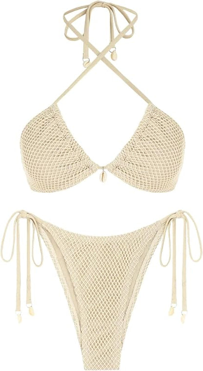 Women's Bikini Sets Halter Fishnet Shell Decorated Two Piece Swimsuit Sexy Side Tie Thong Bandeau Bathing Suits - Seldom Seen Styles