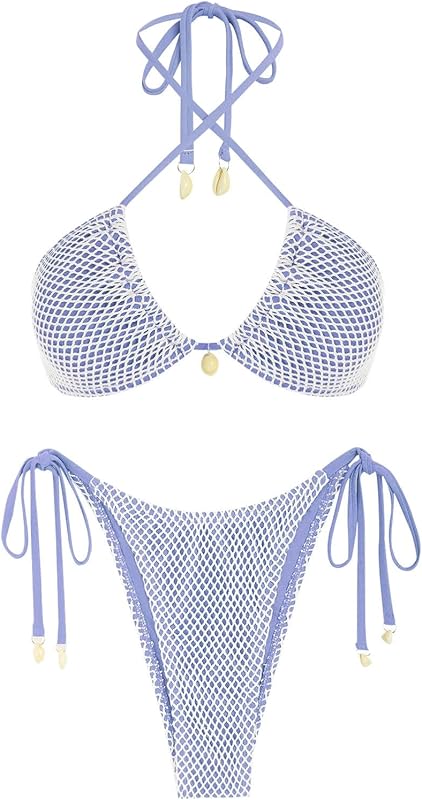 Women's Bikini Sets Halter Fishnet Shell Decorated Two Piece Swimsuit Sexy Side Tie Thong Bandeau Bathing Suits - Seldom Seen Styles