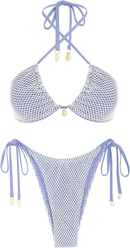 Women's Bikini Sets Halter Fishnet Shell Decorated Two Piece Swimsuit Sexy Side Tie Thong Bandeau Bathing Suits - Seldom Seen Styles