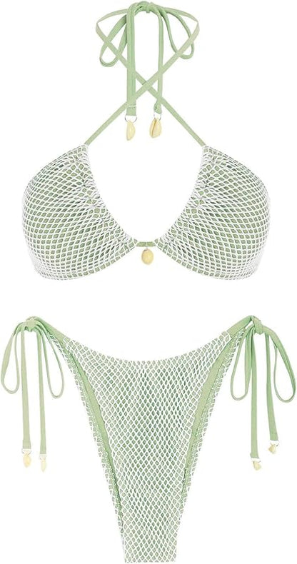 Women's Bikini Sets Halter Fishnet Shell Decorated Two Piece Swimsuit Sexy Side Tie Thong Bandeau Bathing Suits - Seldom Seen Styles