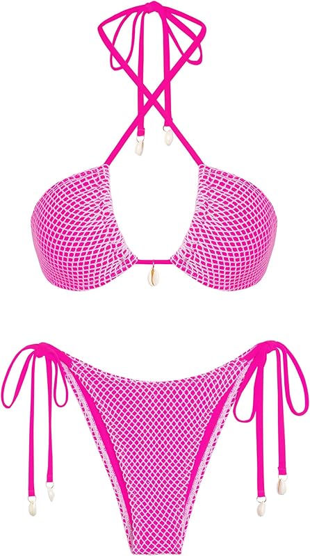 Women's Bikini Sets Halter Fishnet Shell Decorated Two Piece Swimsuit Sexy Side Tie Thong Bandeau Bathing Suits - Seldom Seen Styles