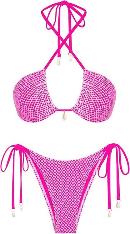 Women's Bikini Sets Halter Fishnet Shell Decorated Two Piece Swimsuit Sexy Side Tie Thong Bandeau Bathing Suits - Seldom Seen Styles