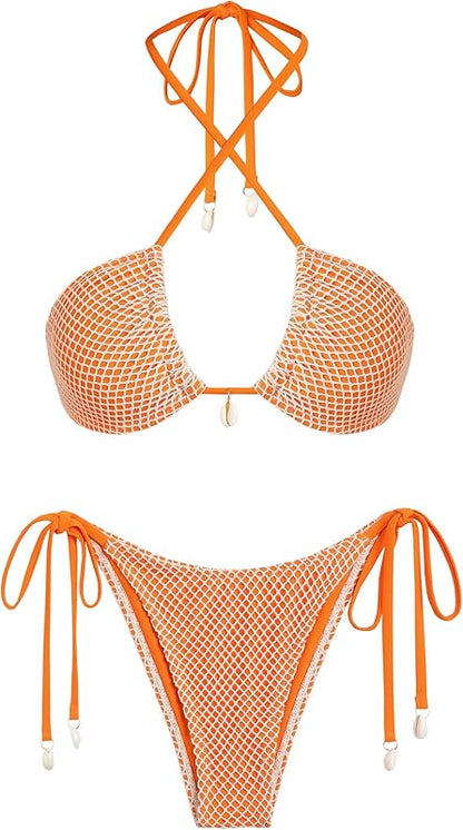Women's Bikini Sets Halter Fishnet Shell Decorated Two Piece Swimsuit Sexy Side Tie Thong Bandeau Bathing Suits - Seldom Seen Styles