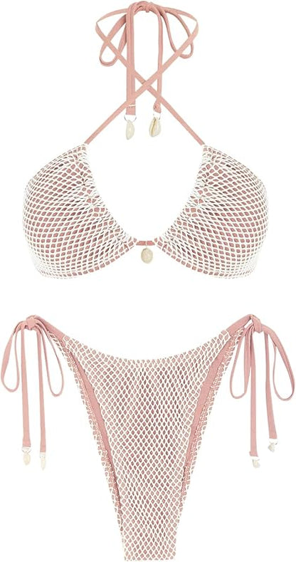 Women's Bikini Sets Halter Fishnet Shell Decorated Two Piece Swimsuit Sexy Side Tie Thong Bandeau Bathing Suits - Seldom Seen Styles