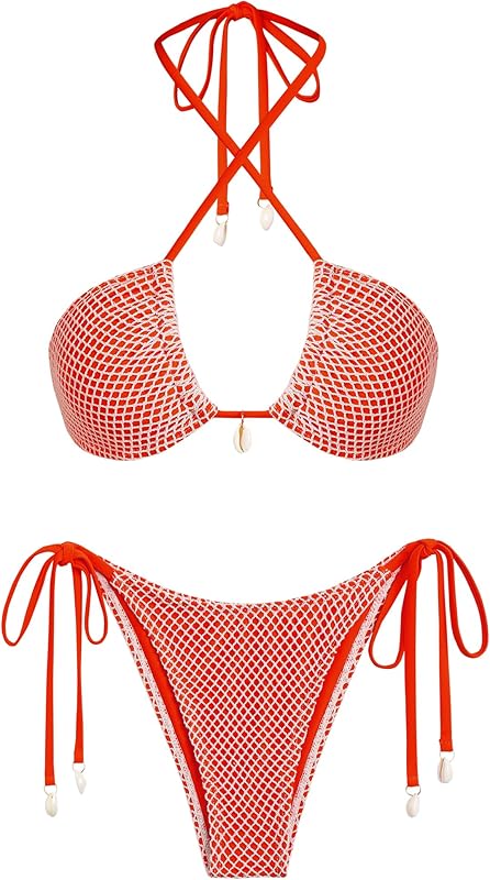 Women's Bikini Sets Halter Fishnet Shell Decorated Two Piece Swimsuit Sexy Side Tie Thong Bandeau Bathing Suits - Seldom Seen Styles