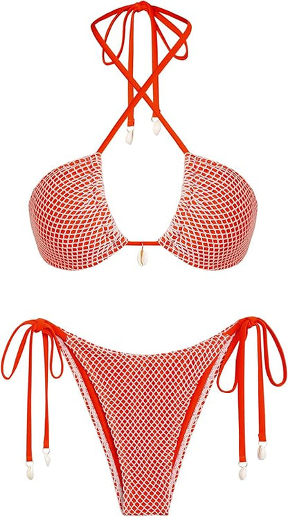 Women's Bikini Sets Halter Fishnet Shell Decorated Two Piece Swimsuit Sexy Side Tie Thong Bandeau Bathing Suits - Seldom Seen Styles