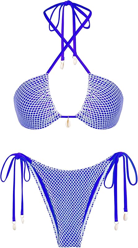 Women's Bikini Sets Halter Fishnet Shell Decorated Two Piece Swimsuit Sexy Side Tie Thong Bandeau Bathing Suits - Seldom Seen Styles