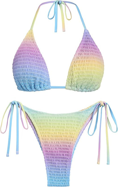 Women's Bikini Sets Halter Fishnet Shell Decorated Two Piece Swimsuit Sexy Side Tie Thong Bandeau Bathing Suits - Seldom Seen Styles