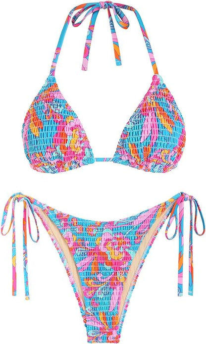 Women's Bikini Sets Halter Fishnet Shell Decorated Two Piece Swimsuit Sexy Side Tie Thong Bandeau Bathing Suits - Seldom Seen Styles