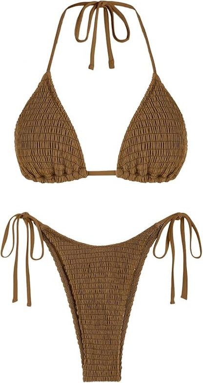 Women's Bikini Sets Halter Fishnet Shell Decorated Two Piece Swimsuit Sexy Side Tie Thong Bandeau Bathing Suits - Seldom Seen Styles