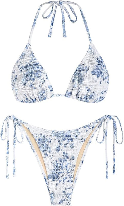 Women's Bikini Sets Halter Fishnet Shell Decorated Two Piece Swimsuit Sexy Side Tie Thong Bandeau Bathing Suits - Seldom Seen Styles