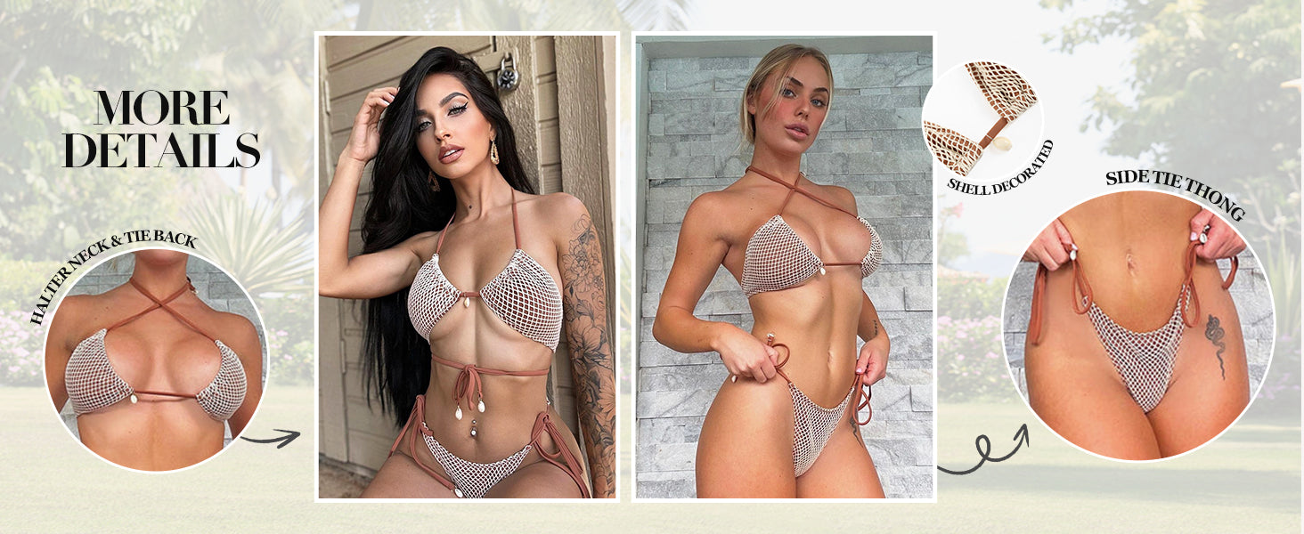 Women's Bikini Sets Halter Fishnet Shell Decorated Two Piece Swimsuit Sexy Side Tie Thong Bandeau Bathing Suits - Seldom Seen Styles