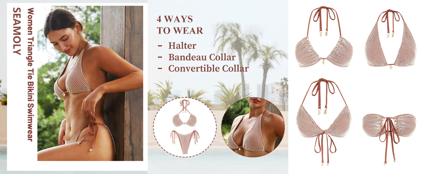 Women's Bikini Sets Halter Fishnet Shell Decorated Two Piece Swimsuit Sexy Side Tie Thong Bandeau Bathing Suits - Seldom Seen Styles